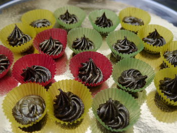 High angle view of cupcakes on table