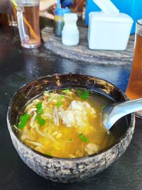 Close-up of soup in bowl on table