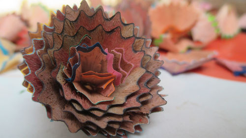 Close-up of pencil shaving on table