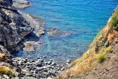 High angle view of rocks on beach