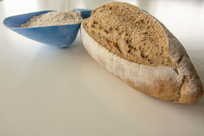 High angle view of bread in plate on table