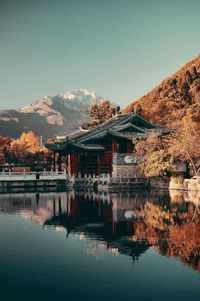 Reflection of buildings in lake against sky