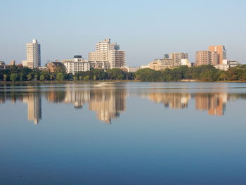 Reflection of buildings in lake against clear sky