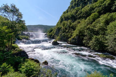 Scenic view of waterfall in forest against clear sky