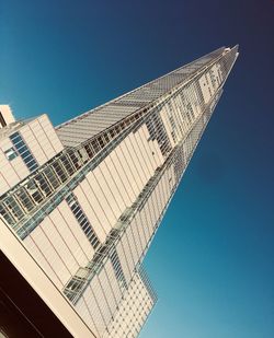 Low angle view of modern building against clear blue sky