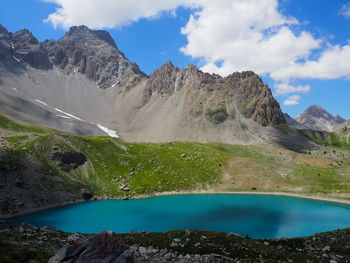 Scenic view of lake and mountains against sky