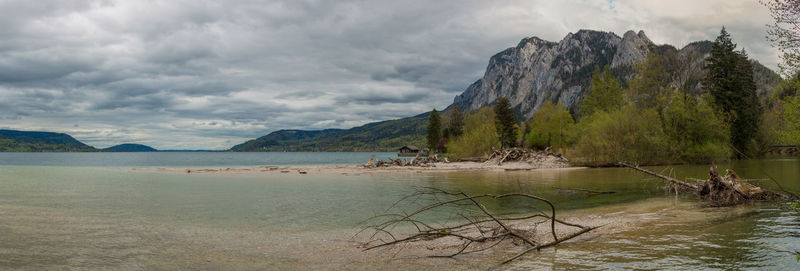 Scenic view of lake against cloudy sky