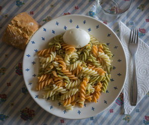 High angle view of breakfast served on table