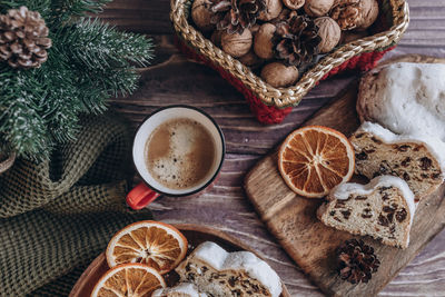 Christmas flat lay cake on a wooden table