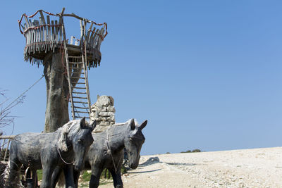 Horse on wall against clear sky