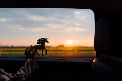 Crop anonymous kid playing with horse toy near window of riding car in countryside during sunset