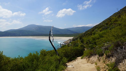 Scenic view of lake and mountains against sky