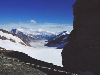 Scenic view of snow covered mountains against sky