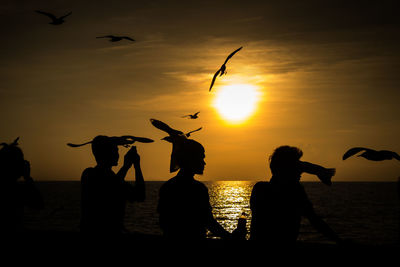 Silhouette birds flying over sea against sky during sunset