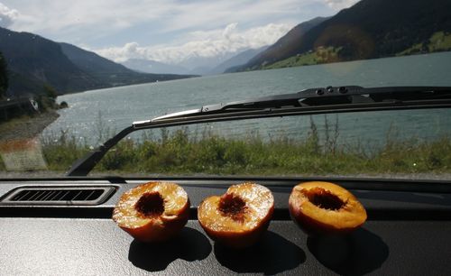 View of pumpkins in car window