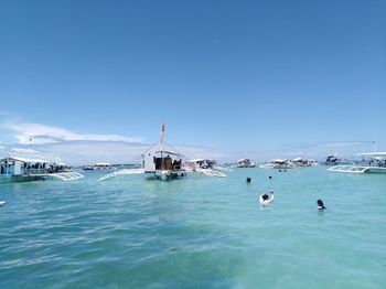 Sailboats in sea against clear blue sky