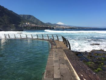 Scenic view of sea against blue sky