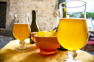 Close-up of beer in glass on table