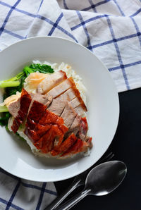 High angle view of food in plate on table