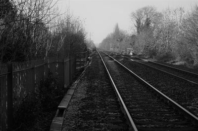 Railway tracks along bare trees against clear sky