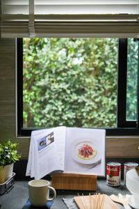 High angle view of breakfast served on table