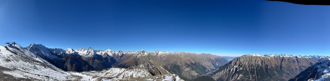 Panoramic view of snowcapped mountains against clear blue sky