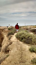 Rear view of man walking at beach against sky