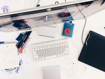 High angle view of various objects on desk