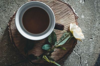 High angle view of tea cup on table