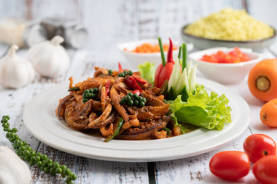 Close-up of food served on table