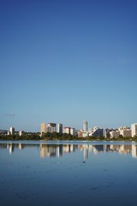 Reflection of buildings in lake against clear blue sky