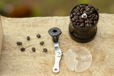 High angle view of coffee beans on table