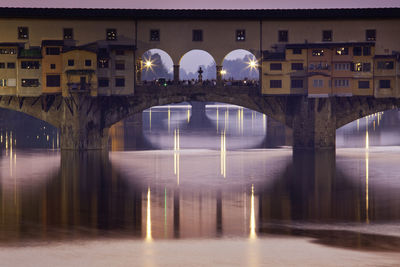 Reflection of illuminated building in water at night