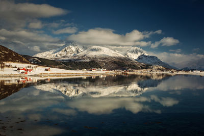 Scenic view of snowcapped mountains by lake against sky