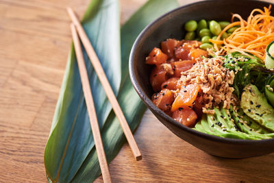 High angle view of vegetables in bowl on table