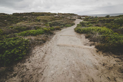 Dirt road passing through landscape against sky