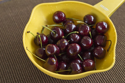 High angle view of fruits in bowl on table