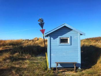 Built structure on field against clear blue sky