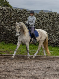 White lusitano horse with female rider, outdoors, horse riding, sport.
