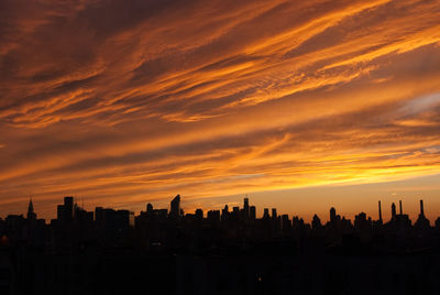 Silhouette urban skyline against cloudy sky during sunset
