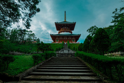 View of temple against building