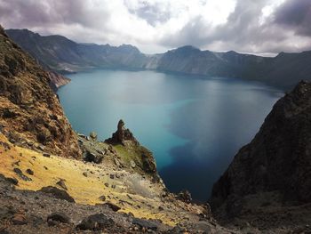 Scenic view of lake and mountains against sky