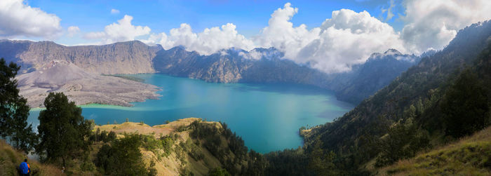 Panoramic view of lake against cloudy sky