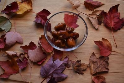 High angle view of maple leaves on table