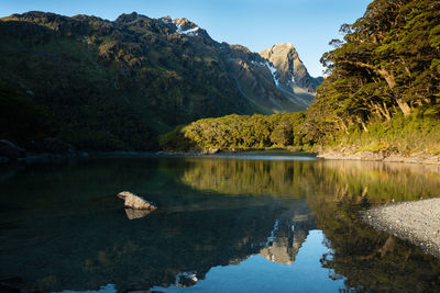 Scenic view of lake and mountains against sky