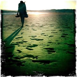 Rear view of man walking on beach