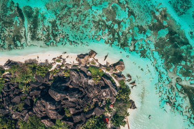 High angle view of rocks on sea shore