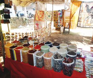 Close-up of bottles for sale