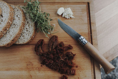 High angle view of vegetables on cutting board