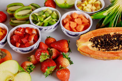 High angle view of fruits in bowl on table